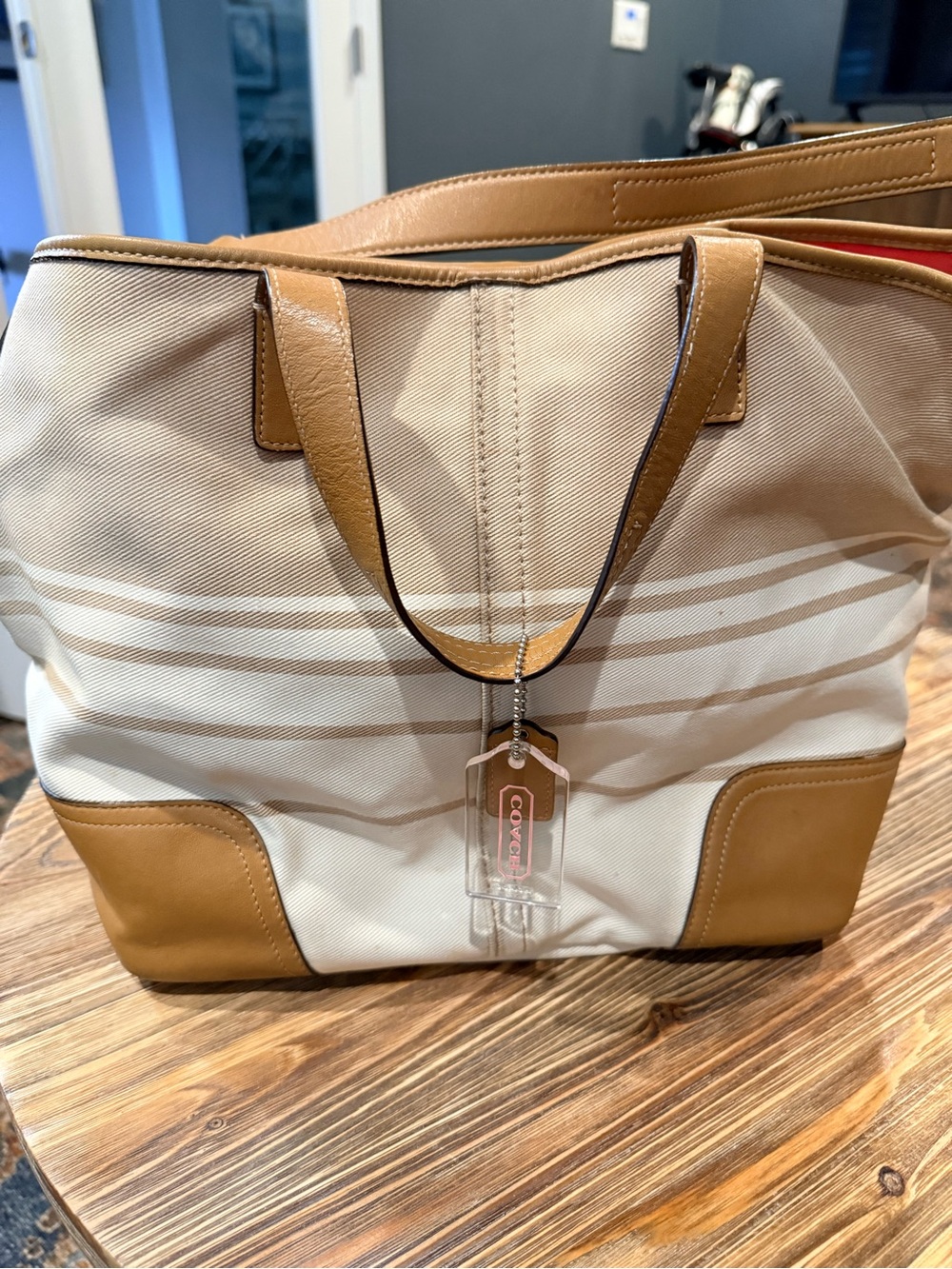Coach Hadley F29921 Satchel/Tote Canvas Stripe Tote Bag with Tan Leather Trim - Picture 2 of 5